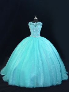 Scoop Sleeveless Tulle Quinceanera Gowns Beading and Lace Lace Up
