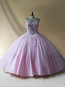 Edgy Baby Pink Quince Ball Gowns Sweet 16 and Quinceanera with Beading Scoop Sleeveless Lace Up