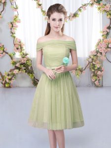 Custom Designed Olive Green Short Sleeves Knee Length Belt Lace Up Quinceanera Dama Dress