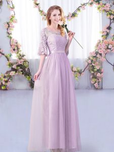 Lavender Empire Tulle Scoop Half Sleeves Lace and Belt Floor Length Side Zipper Damas Dress