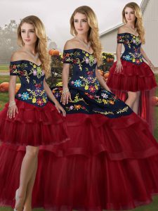 Wine Red Vestidos de Quinceanera Military Ball and Sweet 16 and Quinceanera with Embroidery and Ruffled Layers Off The Shoulder Sleeveless Brush Train Lace Up