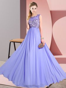 Admirable Lavender Empire Scoop Sleeveless Chiffon Floor Length Backless Beading and Appliques Quinceanera Dama Dress