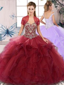 Floor Length Burgundy Sweet 16 Dresses Tulle Sleeveless Beading and Ruffles