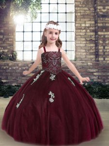 Stunning Floor Length Ball Gowns Sleeveless Burgundy Little Girls Pageant Dress Lace Up