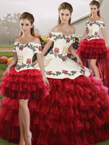 Ideal Wine Red Lace Up 15 Quinceanera Dress Embroidery and Ruffled Layers Sleeveless Floor Length