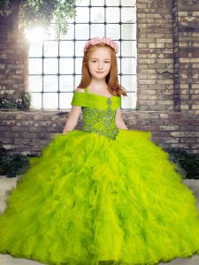 Latest Ball Gowns Straps Sleeveless Tulle Floor Length Lace Up Beading and Ruffles Glitz Pageant Dress