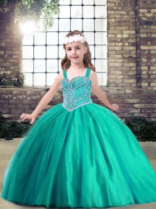 Lovely Ball Gowns Kids Pageant Dress Turquoise Straps Tulle Sleeveless Floor Length Side Zipper