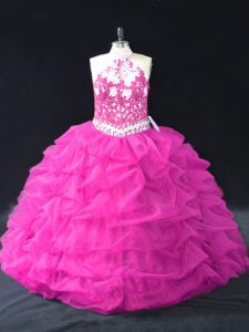 Fuchsia Quinceanera Dress Sweet 16 and Quinceanera with Beading and Lace and Pick Ups Halter Top Sleeveless Backless