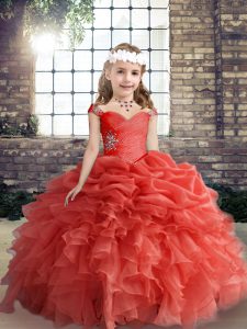 Coral Red Sleeveless Beading and Ruffles and Pick Ups Floor Length Pageant Gowns For Girls