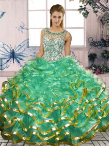 Turquoise Ball Gowns Scoop Sleeveless Organza Floor Length Lace Up Beading and Ruffles Quince Ball Gowns