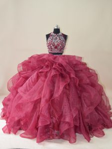 Comfortable Burgundy Ball Gowns Beading and Ruffles Sweet 16 Dresses Backless Organza Sleeveless