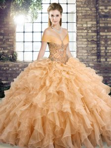 Fancy Off The Shoulder Sleeveless Organza Quinceanera Dresses Beading and Ruffles Brush Train Lace Up