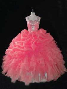 Baby Pink Straps Neckline Beading and Ruffles and Pick Ups Quinceanera Dress Sleeveless Zipper