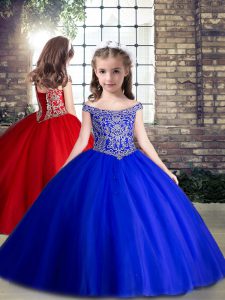 Amazing Sleeveless Floor Length Beading Lace Up Pageant Gowns For Girls with Royal Blue