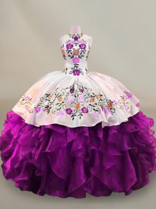 Purple Ball Gowns Organza High-neck Sleeveless Embroidery Floor Length Lace Up Sweet 16 Quinceanera Dress
