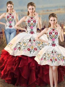 White And Red Lace Up Halter Top Embroidery and Ruffles Ball Gown Prom Dress Organza Sleeveless
