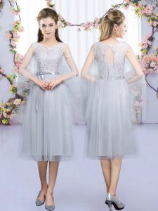 Suitable Sleeveless Tea Length Lace and Belt Lace Up Vestidos de Damas with Grey