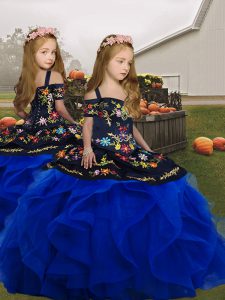 Luxurious Royal Blue Sleeveless Tulle Lace Up Little Girls Pageant Dress Wholesale for Party and Wedding Party