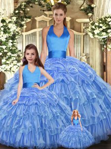 Floor Length Baby Blue 15 Quinceanera Dress Organza Sleeveless Ruffles and Pick Ups