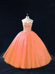 Peach Ball Gowns Tulle Sweetheart Sleeveless Beading Lace Up Ball Gown Prom Dress