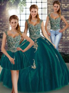 Simple Peacock Green Tulle Lace Up Sweet 16 Quinceanera Dress Sleeveless Floor Length Beading and Appliques