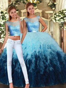 Exquisite Tulle Scoop Sleeveless Lace Up Lace and Ruffles Sweet 16 Dresses in Multi-color