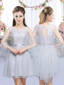 Sophisticated Mini Length Empire Sleeveless Grey Quinceanera Court Dresses Lace Up