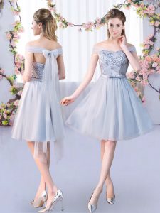Sleeveless Knee Length Lace and Belt Lace Up Dama Dress with Grey