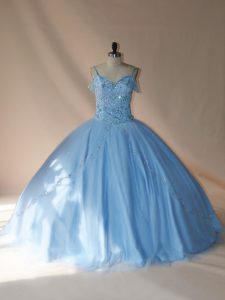 Designer Tulle Sleeveless Quinceanera Gowns Brush Train and Beading
