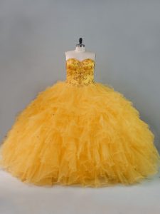 Modern Gold Quinceanera Dresses Sweet 16 and Quinceanera with Beading and Ruffles Sweetheart Sleeveless Lace Up