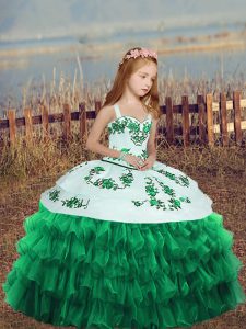 Straps Sleeveless Organza Kids Pageant Dress Embroidery and Ruffled Layers Lace Up