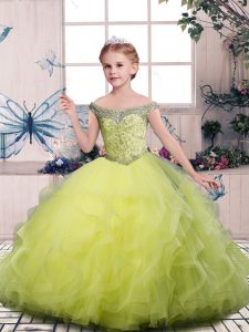 Yellow Green Ball Gowns Off The Shoulder Sleeveless Tulle Floor Length Side Zipper Beading Kids Pageant Dress