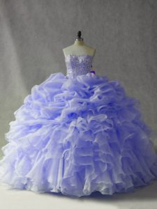 Sleeveless Beading and Ruffles and Pick Ups Lace Up Quince Ball Gowns with Lavender Brush Train