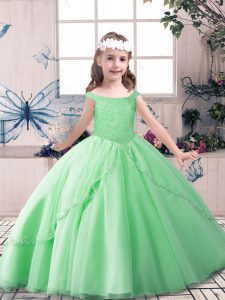 Excellent Tulle Off The Shoulder Sleeveless Lace Up Beading Little Girls Pageant Dress in Apple Green