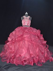Chic Brush Train Two Pieces Sweet 16 Dress Burgundy Scoop Organza Sleeveless Backless