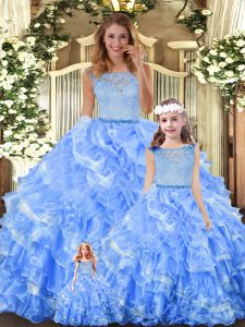 Adorable Lace and Ruffled Layers 15th Birthday Dress Light Blue Zipper Sleeveless Floor Length