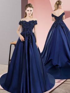 Fantastic Navy Blue A-line Lace Quinceanera Gowns Lace Up Satin Sleeveless