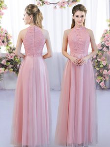 Lace Quinceanera Dama Dress Pink Zipper Sleeveless Floor Length
