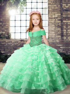 Admirable Apple Green Organza Lace Up Straps Sleeveless Floor Length Kids Formal Wear Beading and Ruffled Layers
