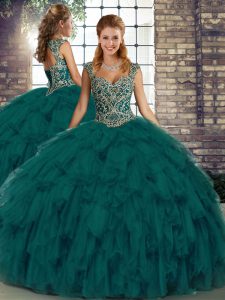 Floor Length Peacock Green 15th Birthday Dress Straps Sleeveless Lace Up