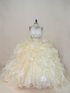 Zipper Quinceanera Dresses Champagne for Sweet 16 and Quinceanera with Beading and Lace Brush Train