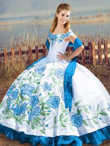 Sophisticated Blue And White Lace Up Off The Shoulder Embroidery Quinceanera Dresses Satin Sleeveless