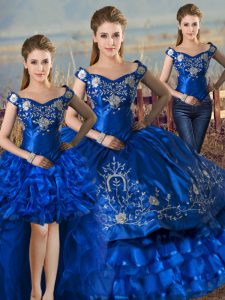 Hot Sale Royal Blue Off The Shoulder Lace Up Embroidery and Ruffled Layers Sweet 16 Quinceanera Dress Sleeveless
