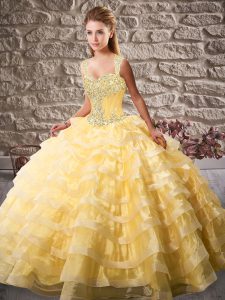 Custom Made Gold Ball Gowns Beading and Ruffled Layers 15 Quinceanera Dress Lace Up Organza Sleeveless