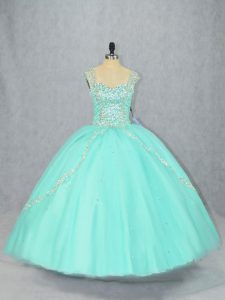 Amazing Apple Green Lace Up Quinceanera Dresses Beading Cap Sleeves Brush Train