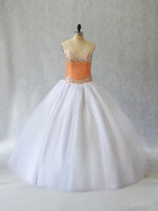White Ball Gowns Sweetheart Sleeveless Tulle Floor Length Lace Up Beading 15th Birthday Dress