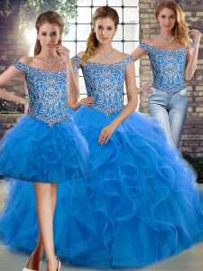 Gorgeous Blue Quinceanera Dress Military Ball and Sweet 16 and Quinceanera with Beading and Ruffles Off The Shoulder Sleeveless Brush Train Lace Up