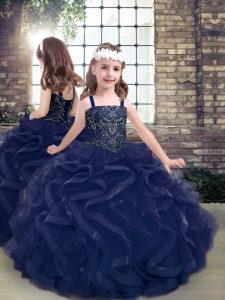 Navy Blue Ball Gowns Beading and Ruffles Girls Pageant Dresses Lace Up Tulle Sleeveless Floor Length