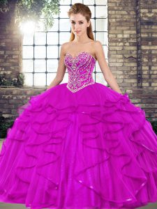 Top Selling Fuchsia Quinceanera Dress Military Ball and Sweet 16 and Quinceanera with Beading and Ruffles Sweetheart Sleeveless Lace Up