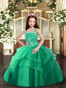 Attractive Turquoise Straps Neckline Beading and Ruffled Layers Little Girls Pageant Gowns Sleeveless Lace Up